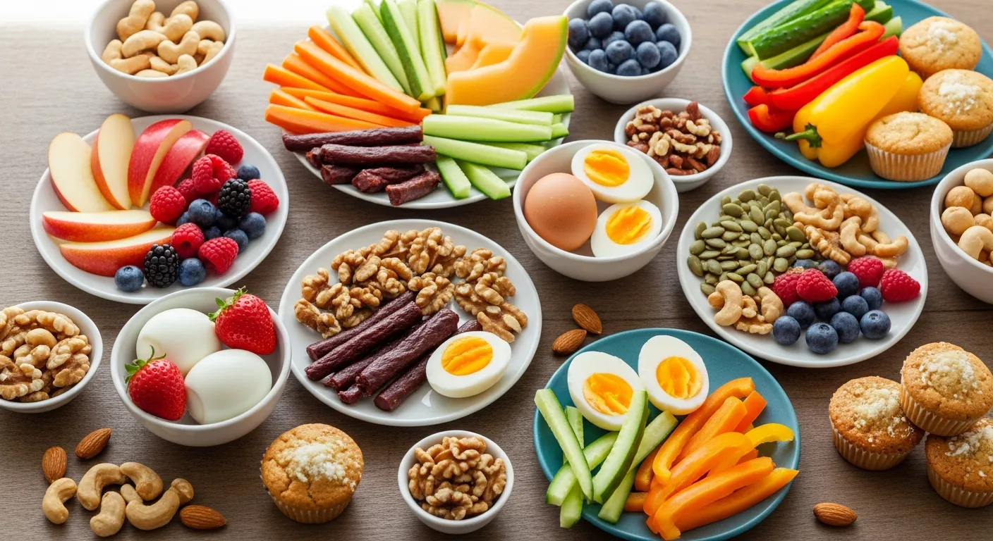 Colorful array of whole foods including vegetables, fruits, grains, and legumes on a wooden table